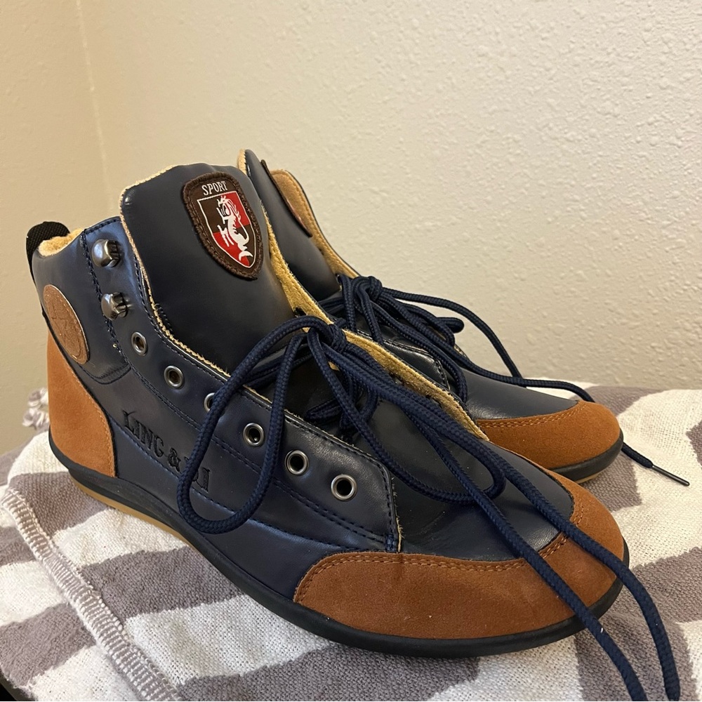 NEW Ling & Di - Euro 45/ US 11.5  - Leather Suede Hi-top Sneakers Brown Blue